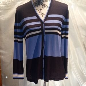 Jones New York Blue and Black Striped V-Neck Cardigan